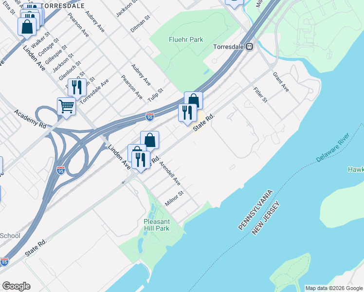 map of restaurants, bars, coffee shops, grocery stores, and more near 9400 State Road in Philadelphia