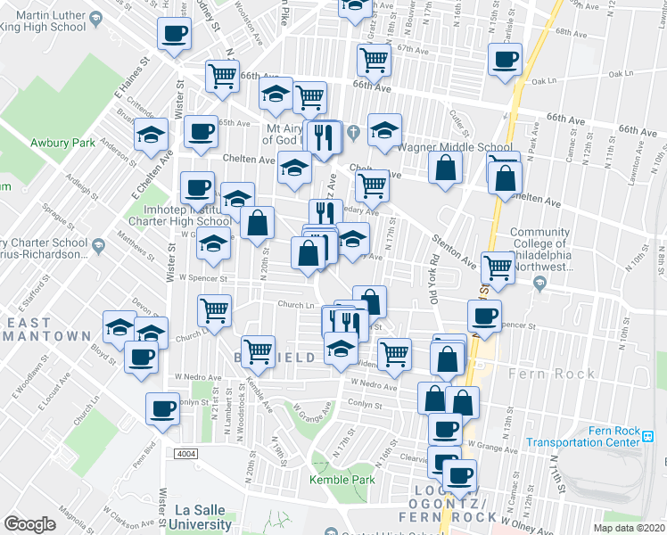 map of restaurants, bars, coffee shops, grocery stores, and more near 1835 West Godfrey Avenue in Philadelphia