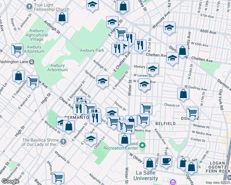 map of restaurants, bars, coffee shops, grocery stores, and more near 5653 Blakemore Street in Philadelphia