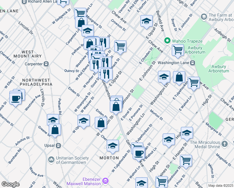 map of restaurants, bars, coffee shops, grocery stores, and more near 100 East Cliveden Street in Philadelphia