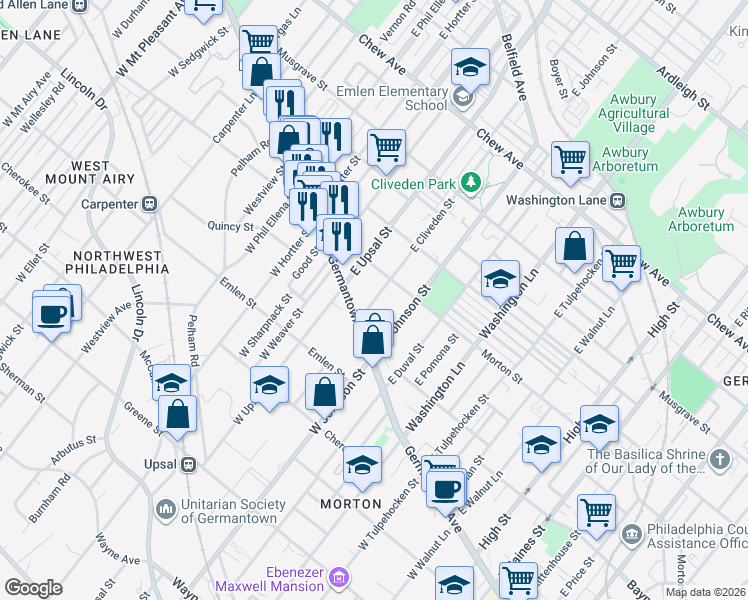 map of restaurants, bars, coffee shops, grocery stores, and more near 100 East Cliveden Street in Philadelphia
