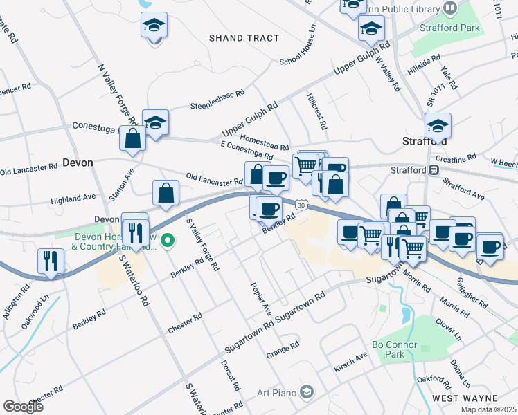 map of restaurants, bars, coffee shops, grocery stores, and more near 873 Lancaster Avenue in Devon