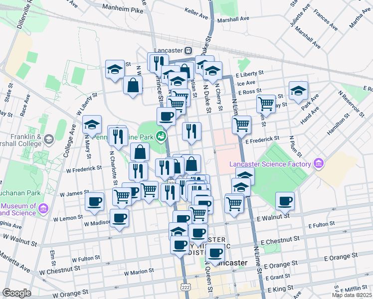 map of restaurants, bars, coffee shops, grocery stores, and more near 629 North Market Street in Lancaster