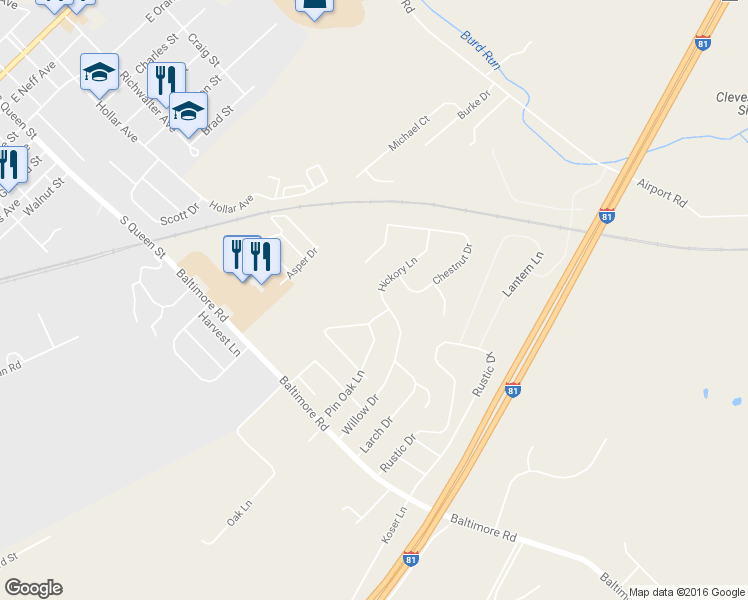 map of restaurants, bars, coffee shops, grocery stores, and more near 201 Hickory Lane in Shippensburg