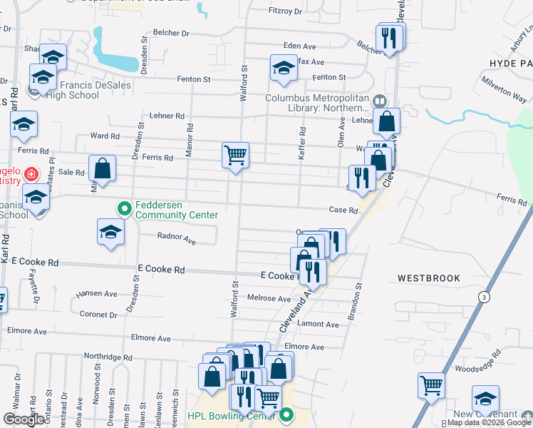 map of restaurants, bars, coffee shops, grocery stores, and more near 2028 Case Road in Columbus