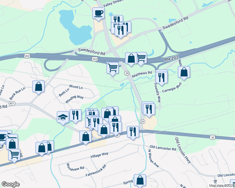 map of restaurants, bars, coffee shops, grocery stores, and more near 50 South Morehall Road in Malvern