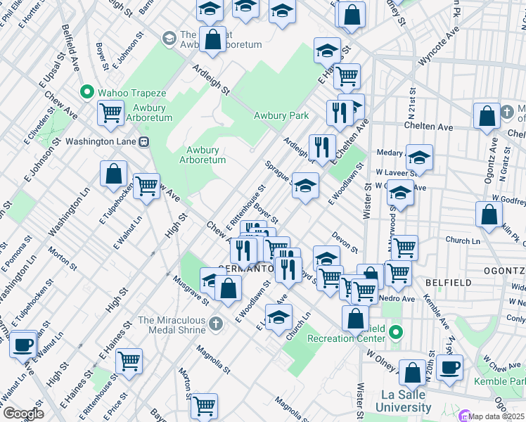 map of restaurants, bars, coffee shops, grocery stores, and more near E Price St & Boyer St in Philadelphia