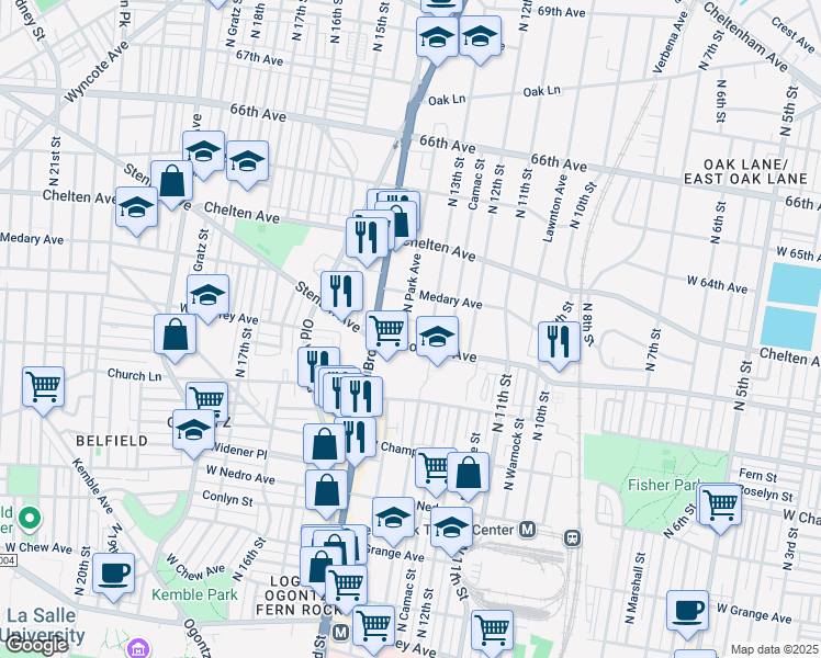 map of restaurants, bars, coffee shops, grocery stores, and more near 6201 North Park Avenue in Philadelphia