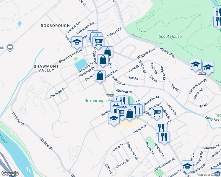 map of restaurants, bars, coffee shops, grocery stores, and more near 7373 Ridge Avenue in Philadelphia