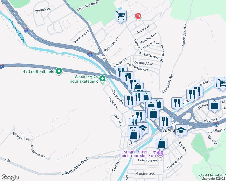 map of restaurants, bars, coffee shops, grocery stores, and more near 16 Community Street in Wheeling