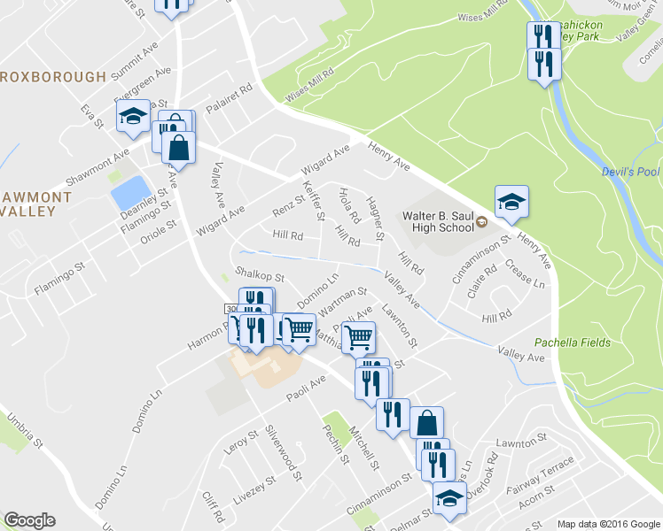 map of restaurants, bars, coffee shops, grocery stores, and more near 569 Domino Lane in Philadelphia