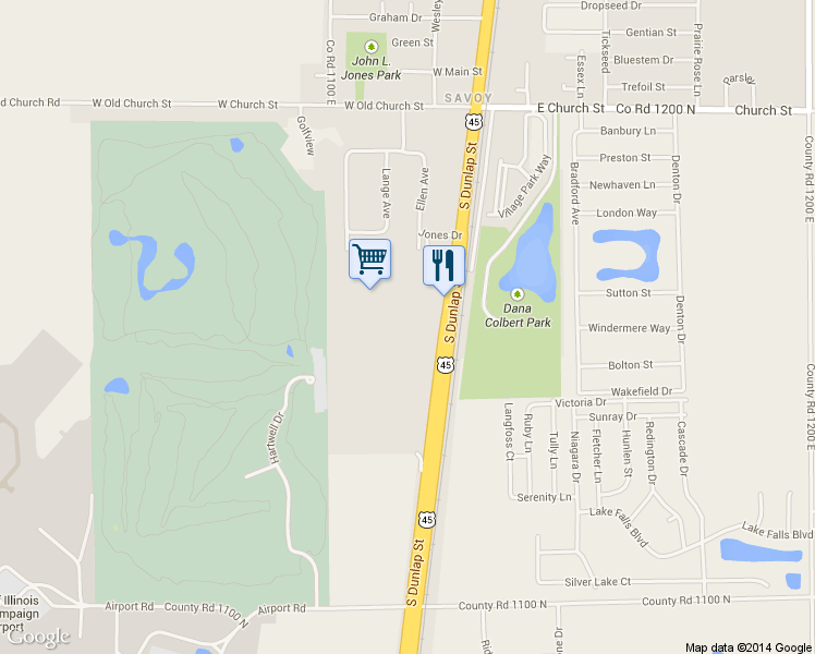 map of restaurants, bars, coffee shops, grocery stores, and more near 511 South Dunlap Street in Savoy