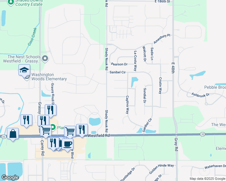 map of restaurants, bars, coffee shops, grocery stores, and more near 4111 Manasota Court in Noblesville