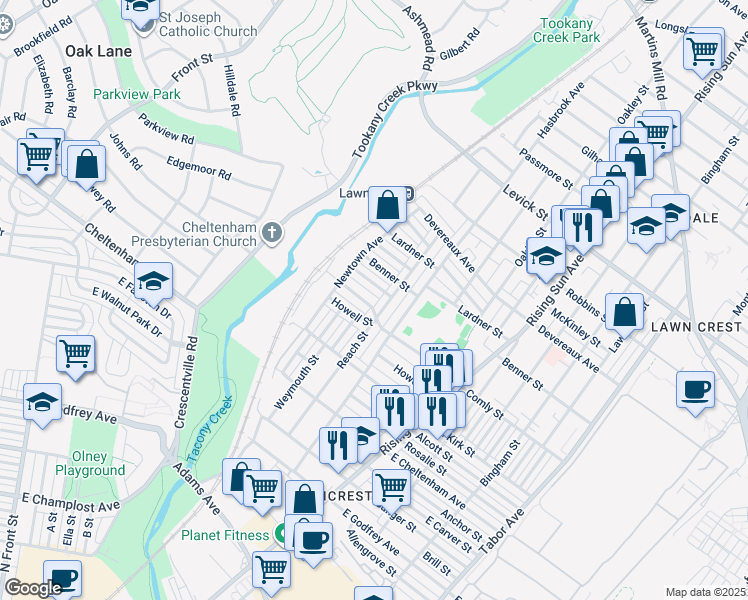 map of restaurants, bars, coffee shops, grocery stores, and more near 255 East Comly Street in Philadelphia