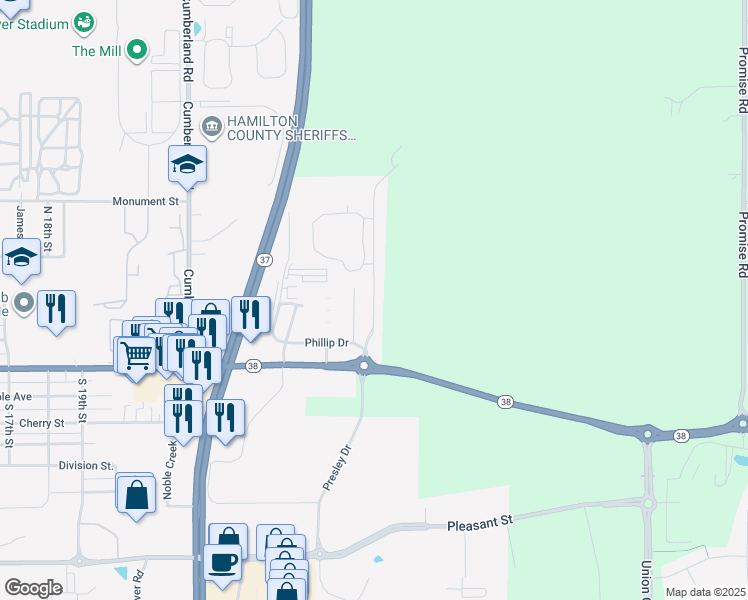map of restaurants, bars, coffee shops, grocery stores, and more near 17939 Phillip Drive in Noblesville