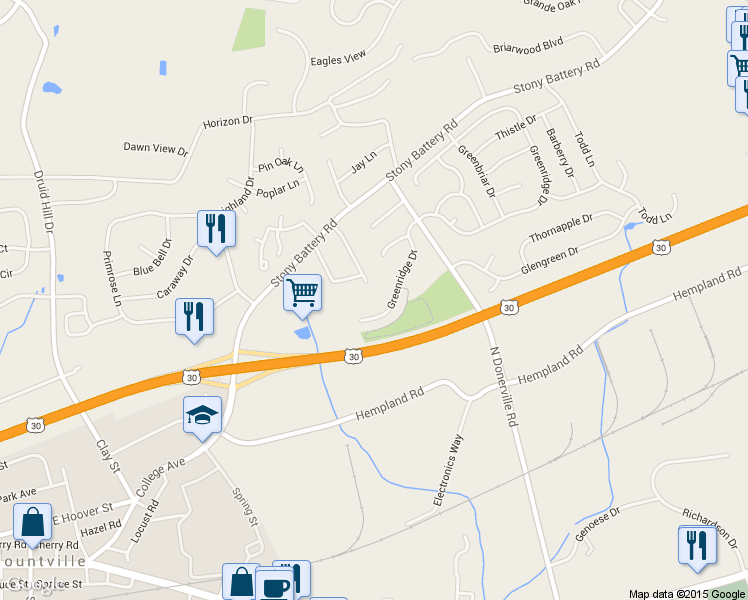 map of restaurants, bars, coffee shops, grocery stores, and more near 3329 Greenridge Drive in Mountville