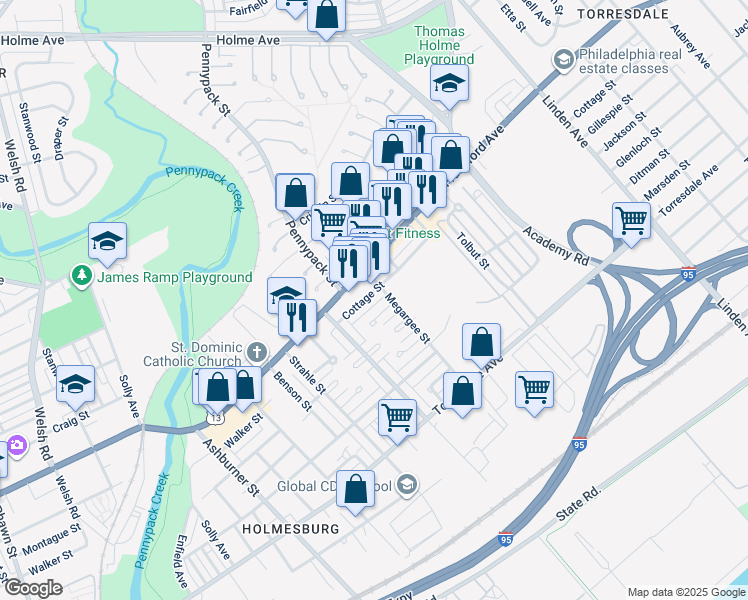 map of restaurants, bars, coffee shops, grocery stores, and more near 8755 Cottage Street in Philadelphia