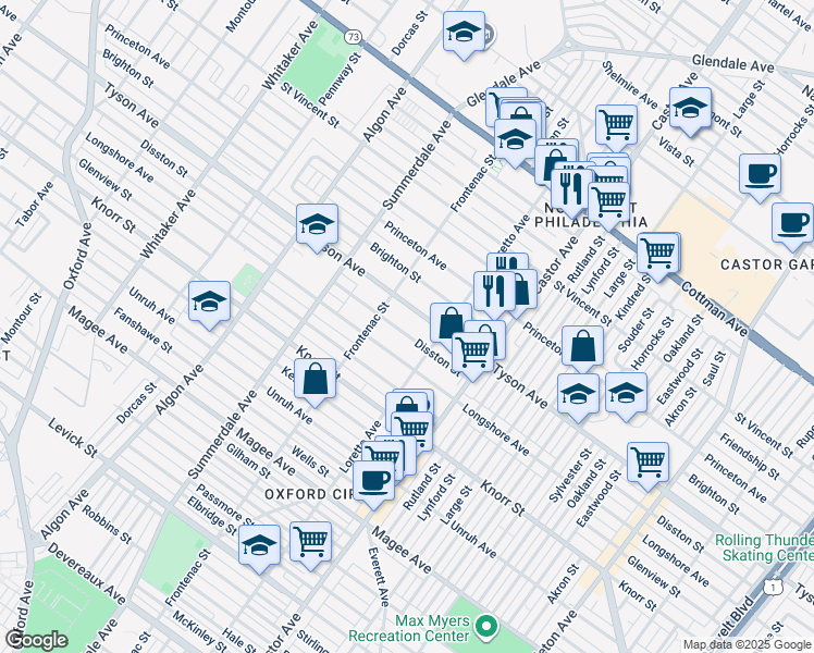 map of restaurants, bars, coffee shops, grocery stores, and more near 1325 Disston Street in Philadelphia