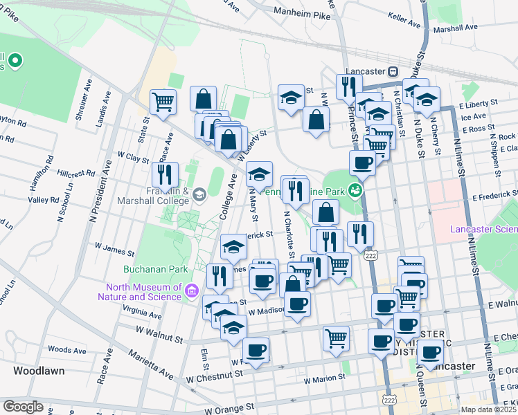 map of restaurants, bars, coffee shops, grocery stores, and more near 651 North Mary Street in Lancaster