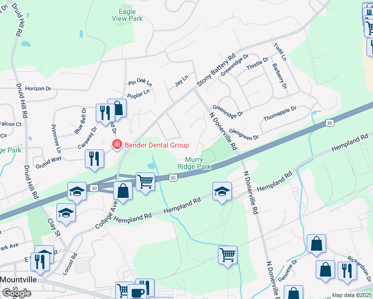map of restaurants, bars, coffee shops, grocery stores, and more near 3329 Greenridge Drive in Mountville