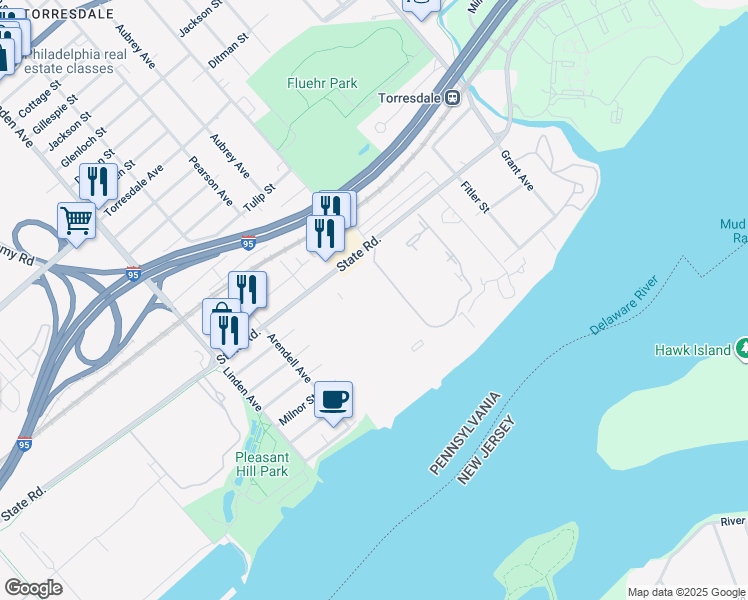 map of restaurants, bars, coffee shops, grocery stores, and more near 45203 Delaire Landing Road in Philadelphia