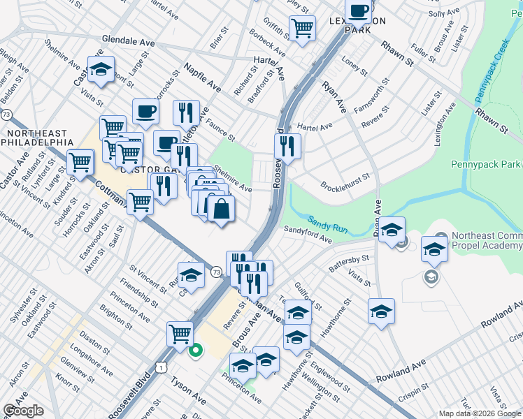 map of restaurants, bars, coffee shops, grocery stores, and more near 7400 Roosevelt Boulevard in Philadelphia