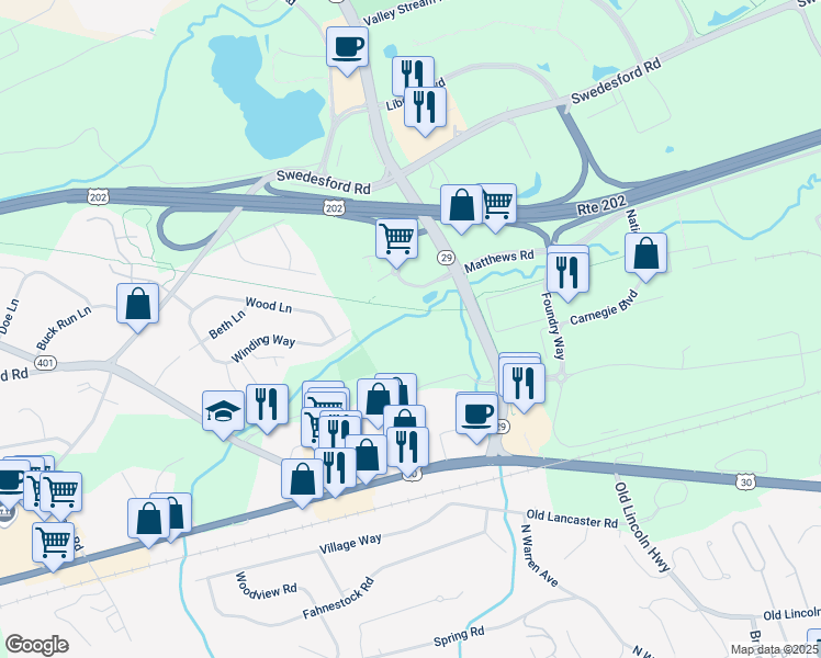 map of restaurants, bars, coffee shops, grocery stores, and more near 50 South Morehall Road in Malvern