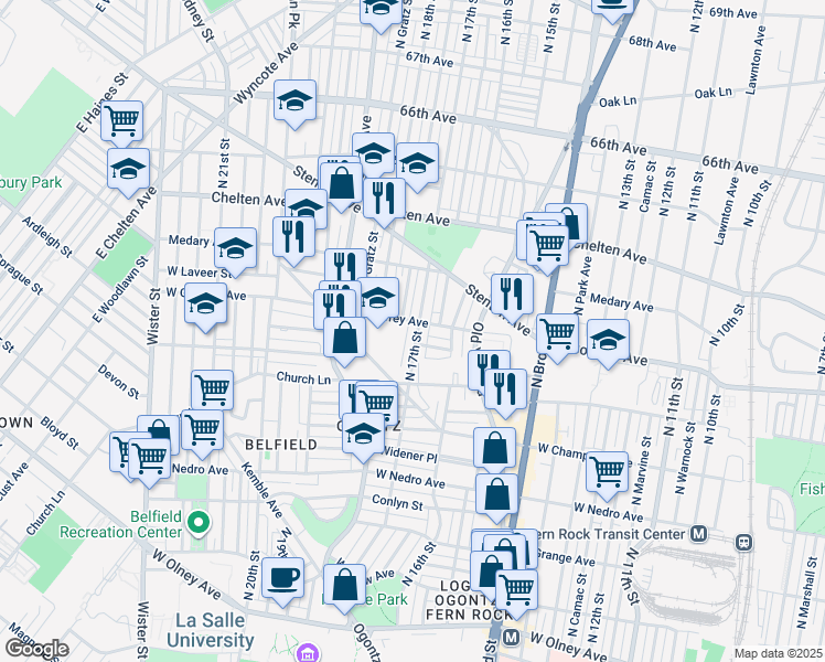 map of restaurants, bars, coffee shops, grocery stores, and more near 6168 North 17th Street in Philadelphia