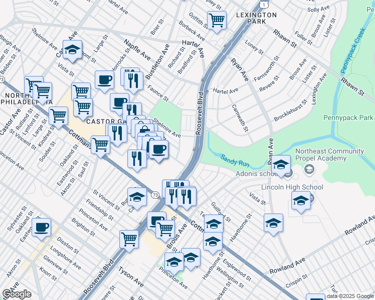 map of restaurants, bars, coffee shops, grocery stores, and more near 7400 Roosevelt Blvd in Philadelphia