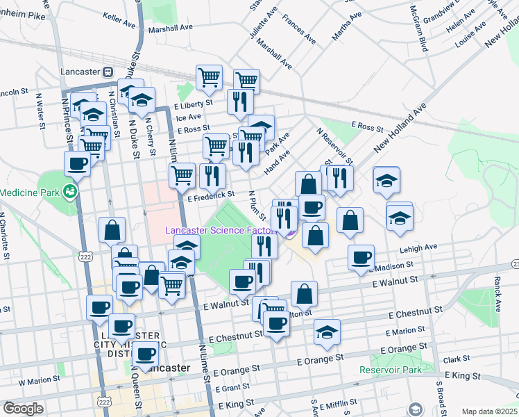map of restaurants, bars, coffee shops, grocery stores, and more near 565 North Plum Street in Lancaster