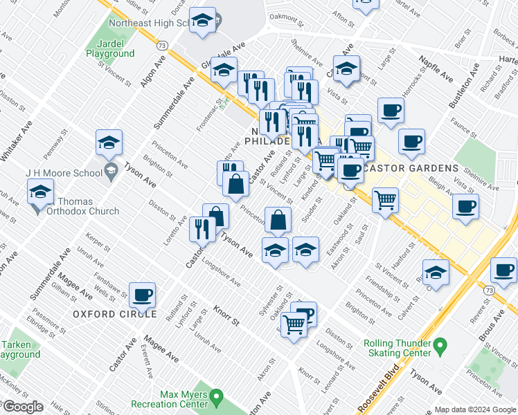 map of restaurants, bars, coffee shops, grocery stores, and more near 7114 Lynford Street in Philadelphia