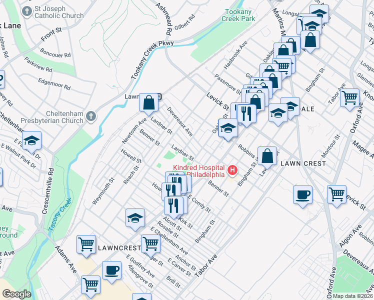 map of restaurants, bars, coffee shops, grocery stores, and more near 350 Devereaux Avenue in Philadelphia