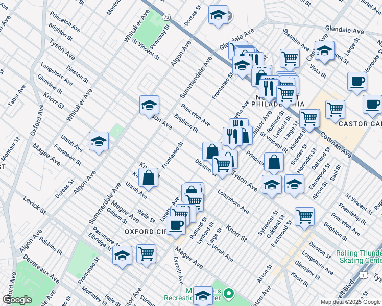 map of restaurants, bars, coffee shops, grocery stores, and more near 1325 Disston Street in Philadelphia