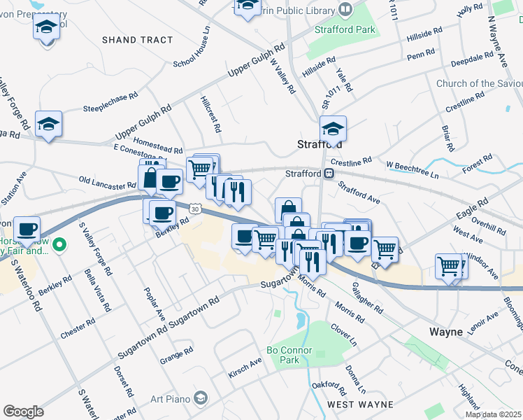 map of restaurants, bars, coffee shops, grocery stores, and more near 329 East Conestoga Road in Wayne