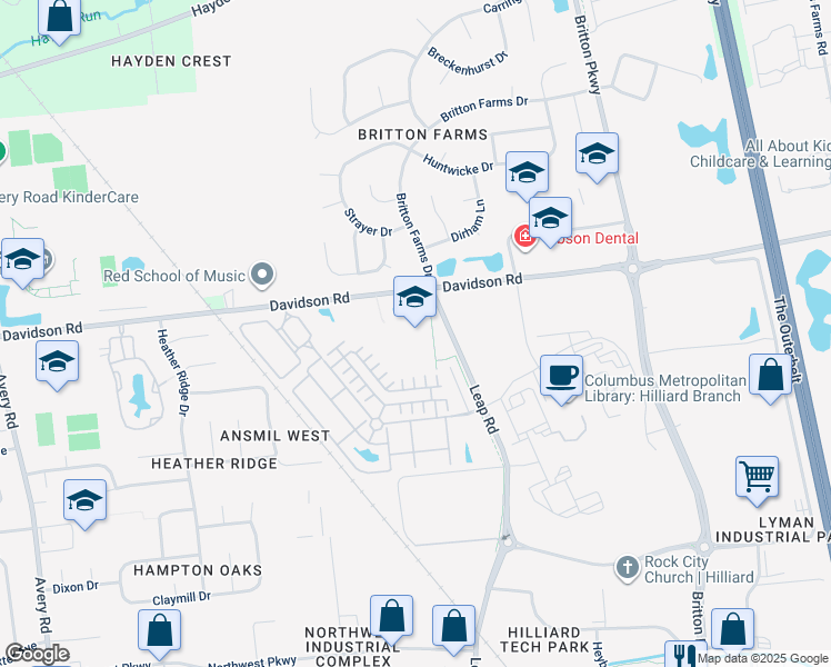 map of restaurants, bars, coffee shops, grocery stores, and more near 4681 Leap Road in Hilliard
