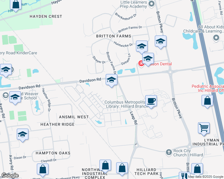map of restaurants, bars, coffee shops, grocery stores, and more near 4681 Leap Road in Hilliard