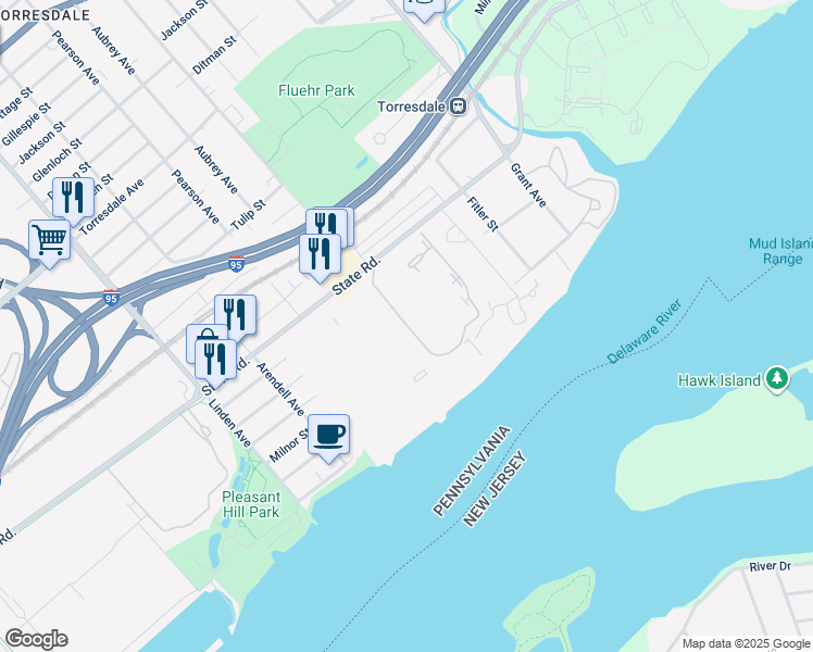 map of restaurants, bars, coffee shops, grocery stores, and more near South Convent Lane in Philadelphia