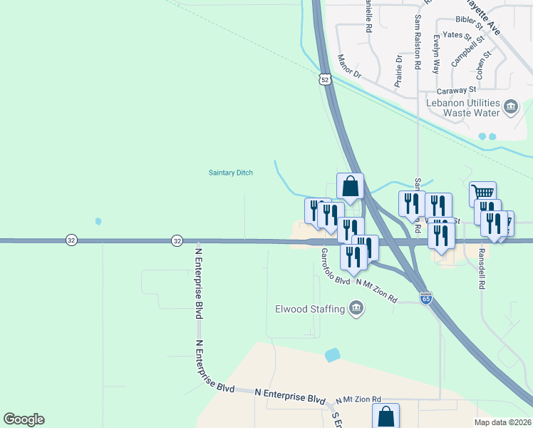 map of restaurants, bars, coffee shops, grocery stores, and more near 1400 Indiana 32 in Lebanon