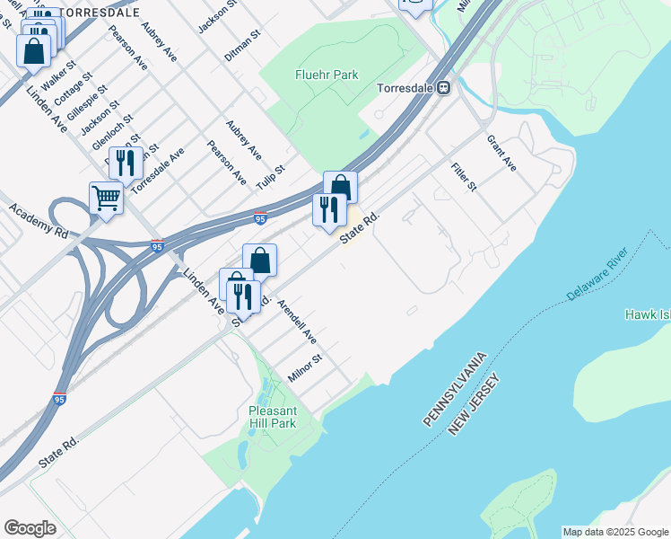 map of restaurants, bars, coffee shops, grocery stores, and more near 6311 Delaire Landing Road in Philadelphia
