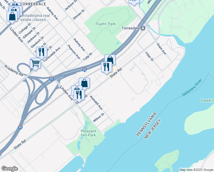 map of restaurants, bars, coffee shops, grocery stores, and more near 5202 Delaire Landing Rd in Philadelphia