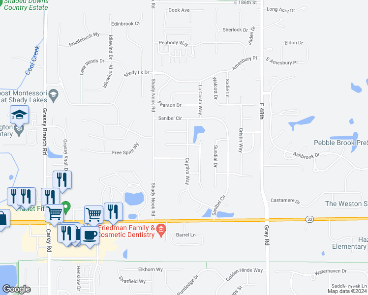 map of restaurants, bars, coffee shops, grocery stores, and more near 4225 Manasota Court in Noblesville