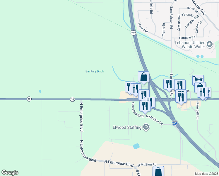 map of restaurants, bars, coffee shops, grocery stores, and more near 1400 Indiana 32 in Lebanon