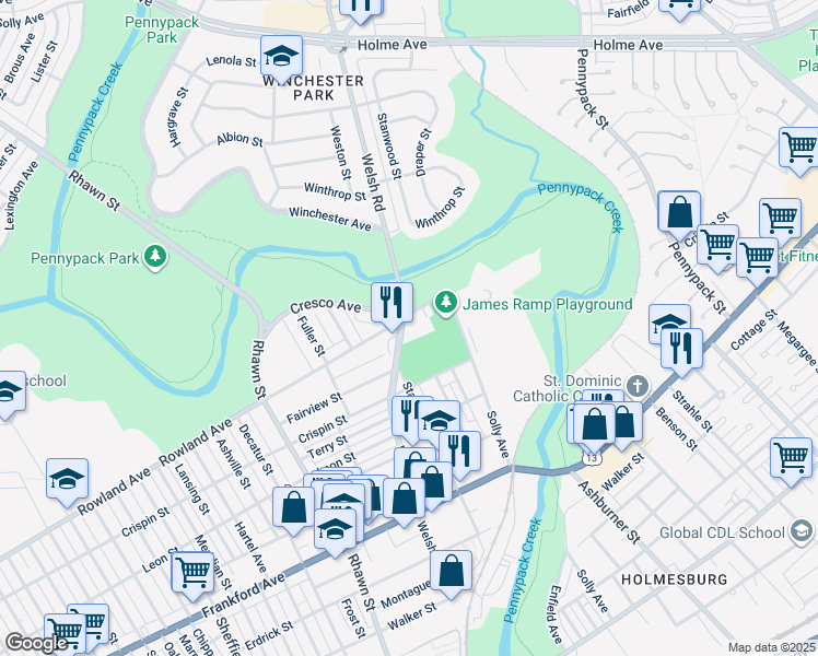 map of restaurants, bars, coffee shops, grocery stores, and more near 8209 Rowland Avenue in Philadelphia