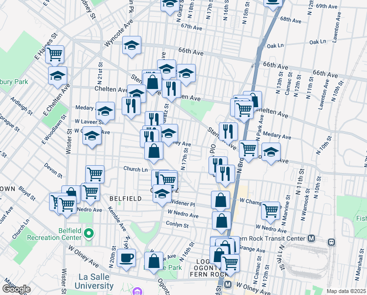 map of restaurants, bars, coffee shops, grocery stores, and more near 6168 North 17th Street in Philadelphia