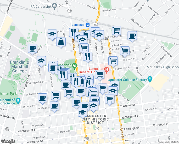 map of restaurants, bars, coffee shops, grocery stores, and more near 3 East Frederick Street in Lancaster