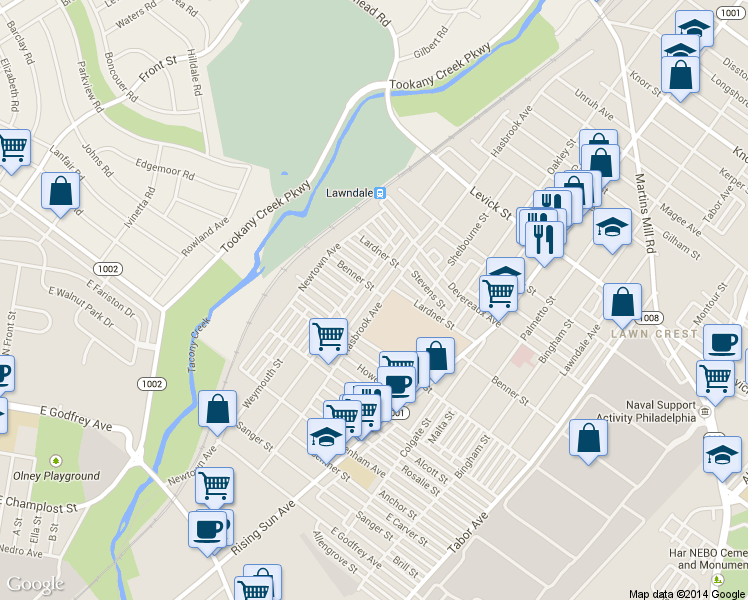 map of restaurants, bars, coffee shops, grocery stores, and more near 6046 Hasbrook Avenue in Philadelphia