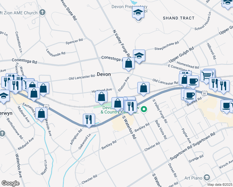 map of restaurants, bars, coffee shops, grocery stores, and more near 2 Station Avenue in Devon