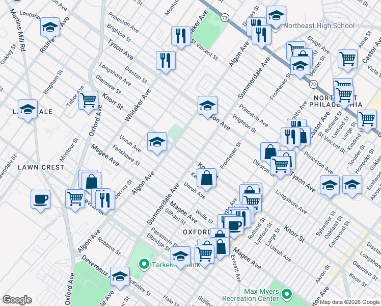 map of restaurants, bars, coffee shops, grocery stores, and more near 1133 Knorr Street in Philadelphia