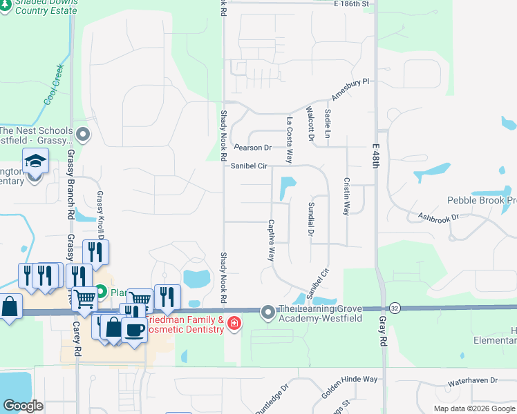 map of restaurants, bars, coffee shops, grocery stores, and more near 4226 Manasota Court in Noblesville