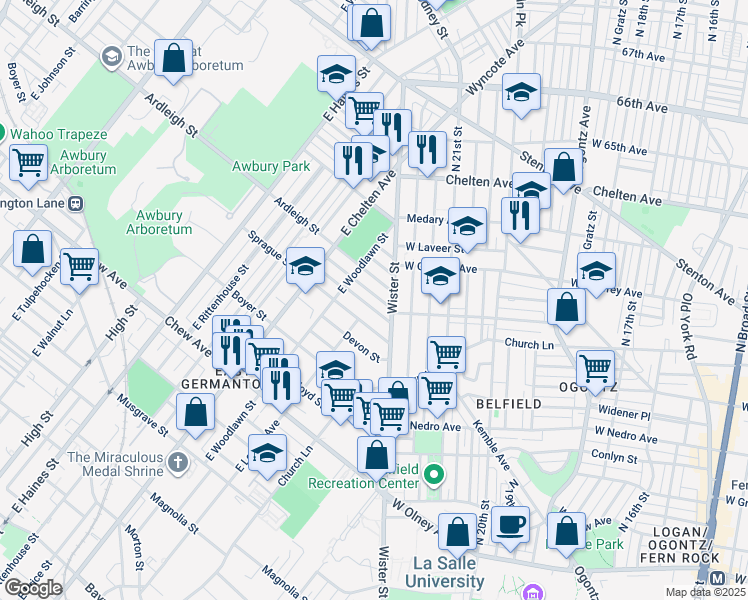 map of restaurants, bars, coffee shops, grocery stores, and more near 5526 Matthews Street in Philadelphia